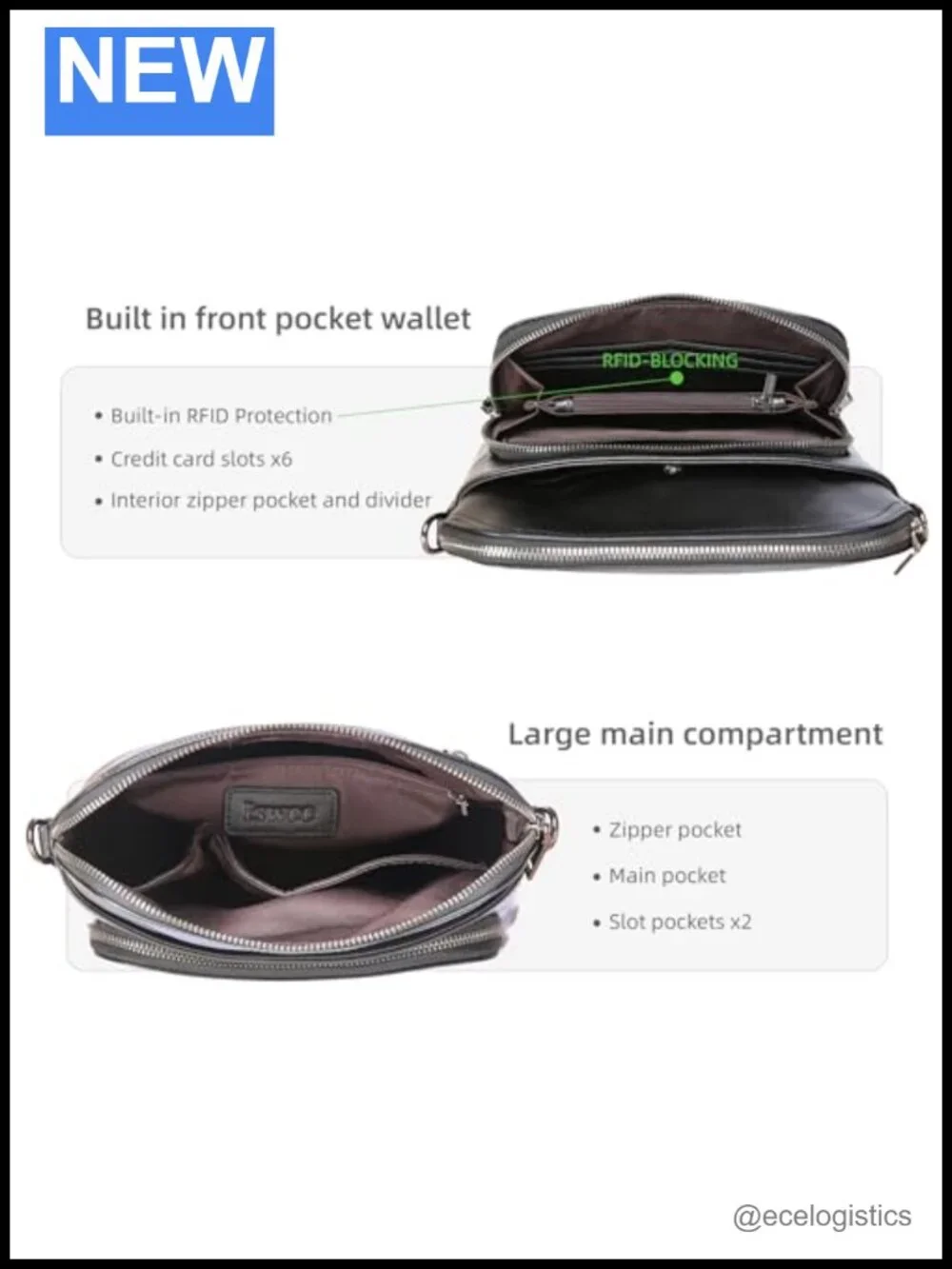 Genuine Leather Crossbody Bag with Built-in Wallet, Adjustable Straps
